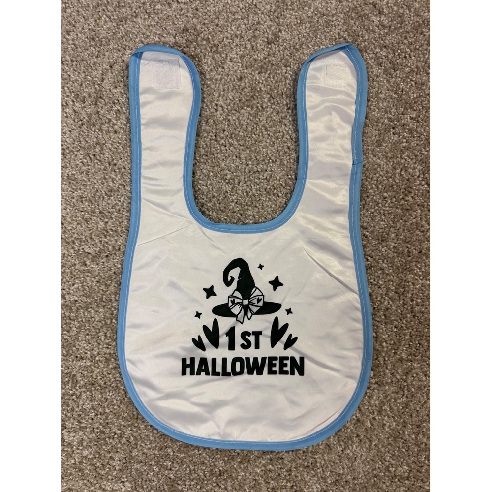 Baby 1st Halloween Bib White Blue Trim Witch Hat Graphic Hook Loop Closure